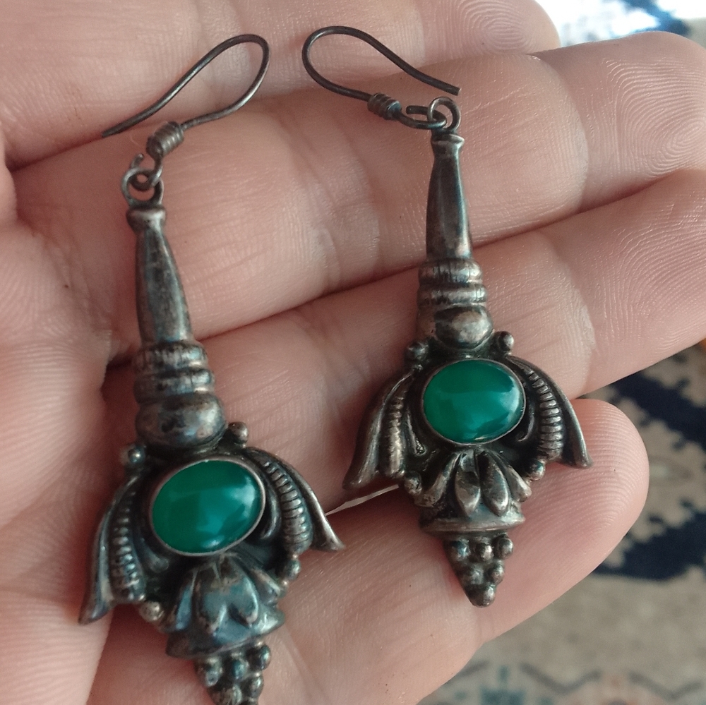 Vintage 70s Sterling Silver 925 Earrings With Green Stone